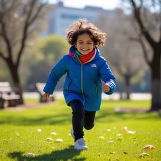 Niño sonriente jugando felizmente en un parque al aire libre en un día soleado de invierno en España