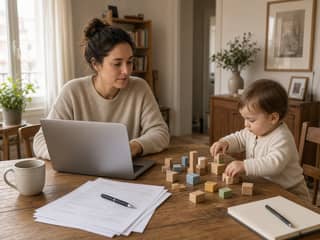 Madre revisa documentación de escolarización en un portátil mientras su hijo pequeño juega cerca