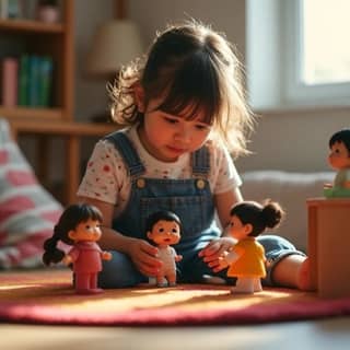 Niña jugando con muñecos en el salón, recreando escenas de la guardería, con una expresión concentrada y un poco de frustración.