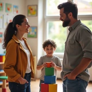 Padres hablando con la educadora de la guardería, ambos sonriendo, con un niño pequeño jugando en el fondo, en un ambiente luminoso y acogedor.