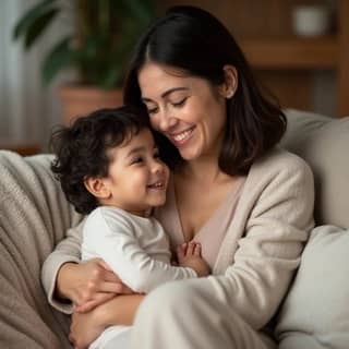 Madre e hijo pequeño abrazándose y sonriendo en el sofá de casa, en un momento de conexión y tranquilidad después de la guardería.