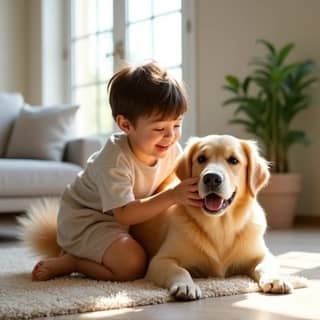 Niño pequeño acariciando a un perro golden retriever en un salón luminoso de una casa española