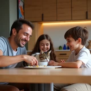 Familia española feliz, padres y dos niños pequeños, alimentando a un gato en su casa