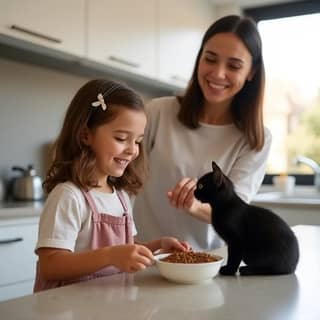 Niña pequeña ayudando a rellenar el cuenco de comida de un gato con la supervisión de un adulto en una cocina moderna española