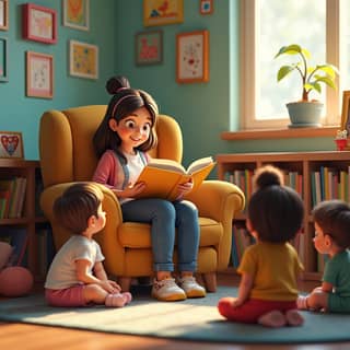 Profesora leyendo a niños en una guardería española