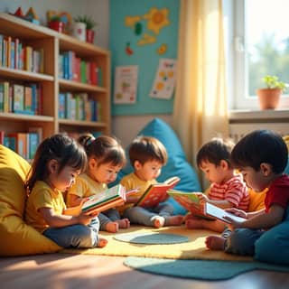 Niños leyendo en un rincón de lectura de una guardería