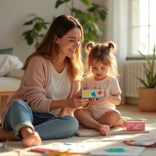 Una madre joven sonriente y su hija pequeña sentadas en el suelo de una sala de estar luminosa y ordenada, rodeadas de dibujos infantiles y materiales de arte. La madre ayuda a la niña a organizar sus obras de arte en una caja decorada, mientras la niña sostiene un dibujo con orgullo. La escena es cálida, con mobiliario español moderno y luz natural.