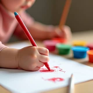 Un primer plano de manos de un niño pequeño, posiblemente de 3-4 años, sosteniendo un lápiz de cera de color brillante y dibujando con entusiasmo en un papel blanco. Sus manos están manchadas de pintura, y se ven otros materiales de arte coloridos y seguros en el fondo, como témperas y pinceles, en una mesa de guardería o sala de juegos. La imagen transmite creatividad y concentración infantil.