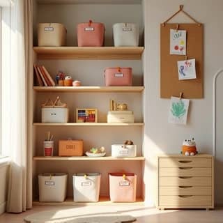 Un rincón de una habitación infantil o sala de juegos en un hogar español, mostrando soluciones de almacenamiento creativas y organizadas para juguetes y obras de arte. Se ven estanterías de madera clara con cajas de tela etiquetadas, un panel de corcho con dibujos infantiles colgados con pinzas de madera, y un ambiente luminoso y acogedor con toques de color. No hay desorden, todo está en su lugar.
