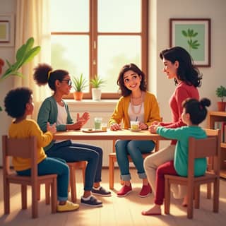 Profesora de guardería hablando con padres sobre la alimentación