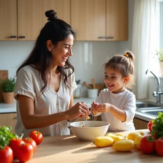 Madre e hijo riendo mientras cocinan juntos en una cocina moderna española, preparando una comida saludable