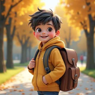 Niño con mochila ergonómica en un parque español