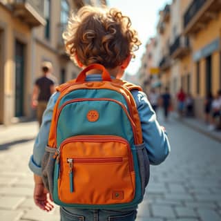 Detalle de una mochila infantil resistente al agua con compartimentos