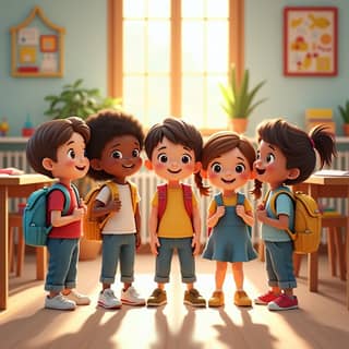 Grupo de niños con mochilas de diferentes diseños y colores en una guardería española