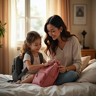 Niña y madre preparando la mochila juntas