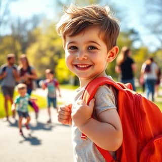 Niño con mochila de guardería en un parque
