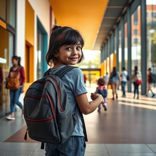 Niña con mochila de guardería entrando a la escuela