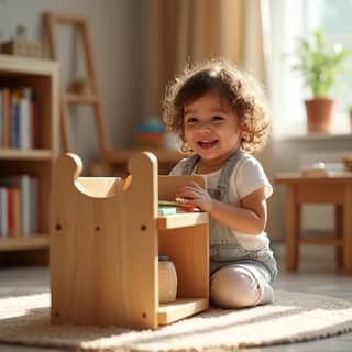 Niña sonriente en un ambiente Montessori en casa, con estanterías bajas y materiales de madera