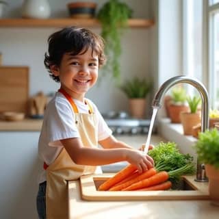 Niño pequeño ayudando a lavar verduras en la cocina, con una torre de aprendizaje Montessori