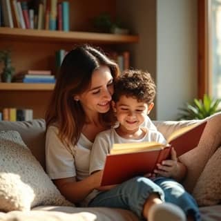Madre e hijo de etnia hispana leyendo juntos en un acogedor rincón de lectura Montessori