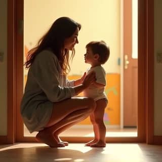 Madre abrazando a su hijo pequeño en la puerta de una guardería, ambos con expresiones de cariño y un toque de nostalgia. La madre se agacha a la altura del niño, transmitiéndole seguridad.