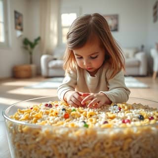 Niña española explorando un cubo sensorial con pasta y arroz en su casa