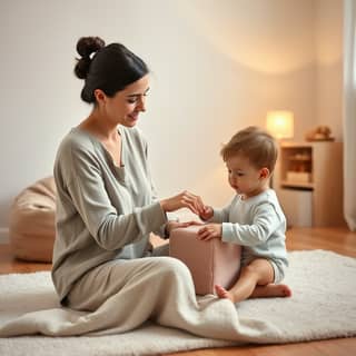 Madre e hijo español en un rincón sensorial tranquilo en su casa