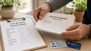 Familias revisan documentación de admisión en una oficina de la Región de Murcia