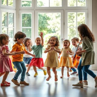 Grupo de niños bailando y riendo en la guardería