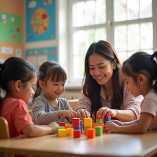 Educadora trabajando con niños en una guardería española