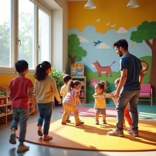 Grupo de niños jugando en una guardería moderna y colorida