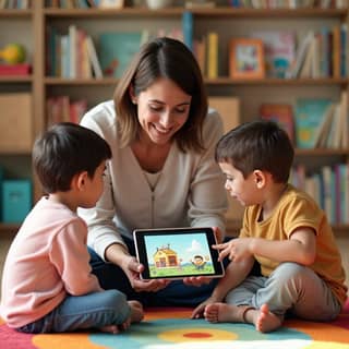 Educadora utilizando una tablet para enseñar a los niños