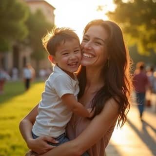 Madre e hijo riendo y abrazándose tiernamente en un parque soleado de España, simbolizando una conexión fuerte y amorosa.