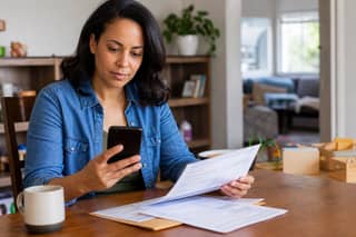 Familia revisando el cargo de la cuota de guardería en la app del banco junto a la documentación de matrícula