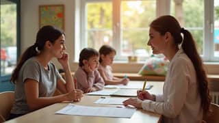 Familia hablando con educadora de guardería sobre la transición del pañal antes del curso escolar