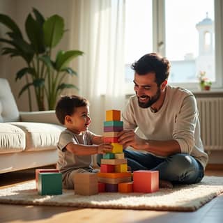 Padre e hijo jugando con bloques de madera en el suelo, sin pantallas cerca, en un salón luminoso con mobiliario moderno español.