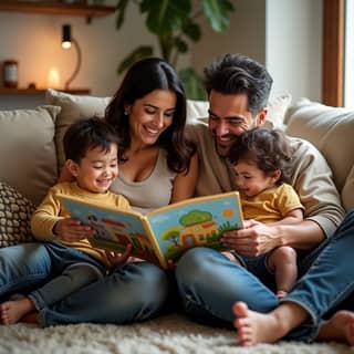 Familia española feliz, padres y dos niños pequeños, riendo y jugando juntos en el salón, con un libro abierto en el regazo de la madre.