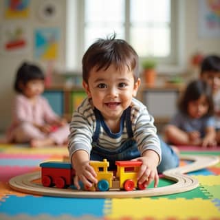 Niño pequeño sonriendo y jugando con un tren de juguete de madera en una guardería española, con otros niños desenfocados al fondo.