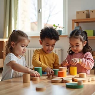 Niños explorando con materiales Montessori en una guardería luminosa en España