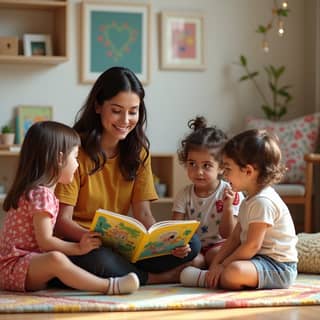 Educadora leyendo un cuento a un grupo de niños sentados en el suelo de una guardería