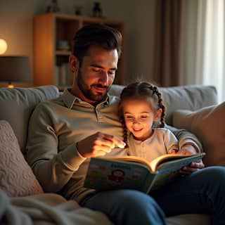 Padre e hija leyendo un libro juntos en el sofá de su casa, con un ambiente cálido