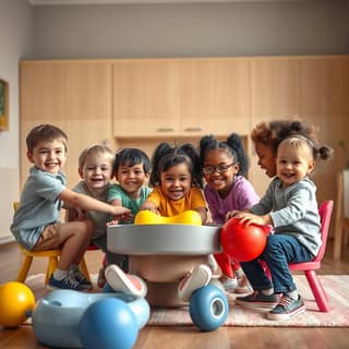 Niños de diferentes edades y capacidades jugando juntos en una guardería