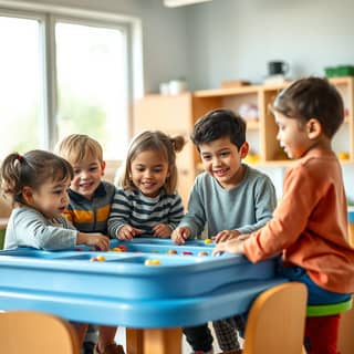 Grupo diverso de niños participando en una actividad en una guardería