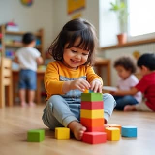 Niña sonriendo mientras juega con bloques de construcción en una guardería española, rodeada de otros niños y educadores atentos.