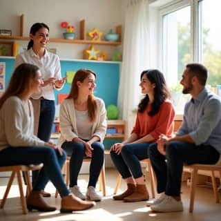 Grupo de padres y madres escuchando atentamente a una educadora de guardería en una reunión, con un ambiente de colaboración y aprendizaje mutuo.