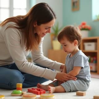 Educadora de guardería española, de etnia caucásica, consolando con cariño a un niño pequeño que parece frustrado, en un aula luminosa y con mobiliario adaptado.