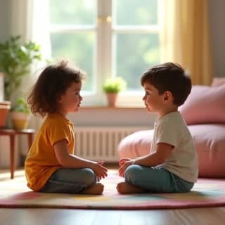 Dos niños pequeños, un niño y una niña, sentados en el suelo de una guardería luminosa, dialogando en un 