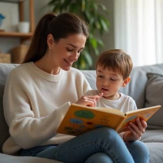 Una madre española con su hijo pequeño (unos 4-5 años) sentados en el sofá de casa, con un libro ilustrado sobre emociones. La madre le señala una imagen mientras el niño escucha atentamente, mostrando un momento de conexión y aprendizaje emocional.
