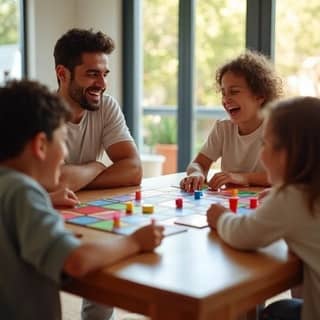 Una familia diversa española (padre, madre y dos hijos pequeños) sentados alrededor de una mesa de salón, riendo y jugando a un juego de mesa cooperativo. La escena es luminosa, con mobiliario moderno y una sensación de armonía y diversión.