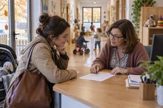 Una familia revisa con una profesional la solicitud de plaza en una escuela infantil de Madrid